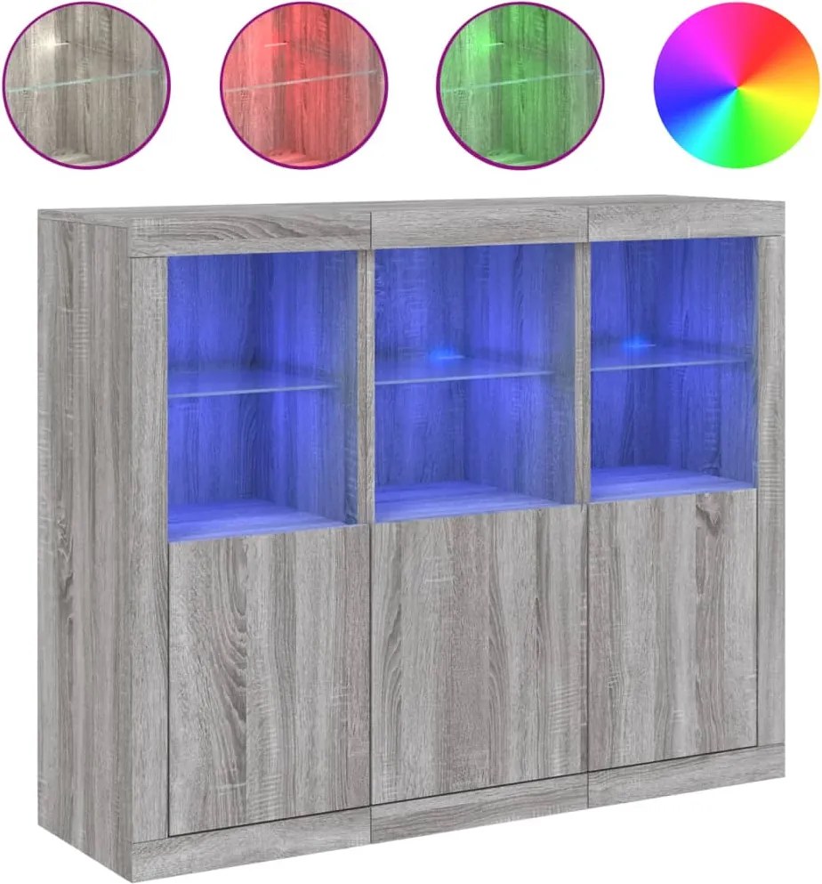 vidaXL Servantă cu lumini LED, 3 buc., gri sonoma, lemn prelucrat