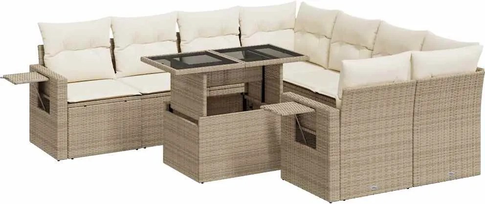 vidaXL Set canapele de grădină, 9 piese, cu perne, bej, poliratan