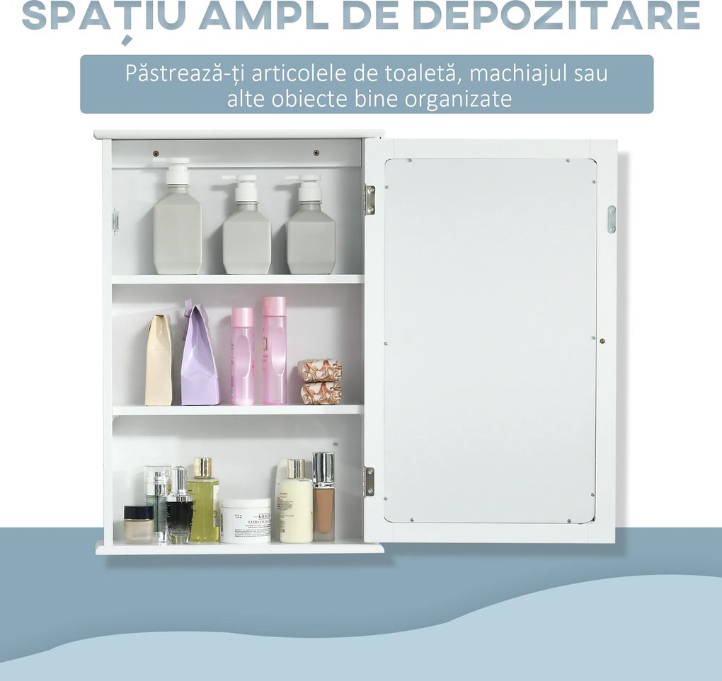 kleankin Dulap de Baie cu Oglindă – Dulap cu Oglindă – Dulap pentru WC – 1 Ușă, 2 Rafturi – MDF Alb și Sticlă | Aosom Romania