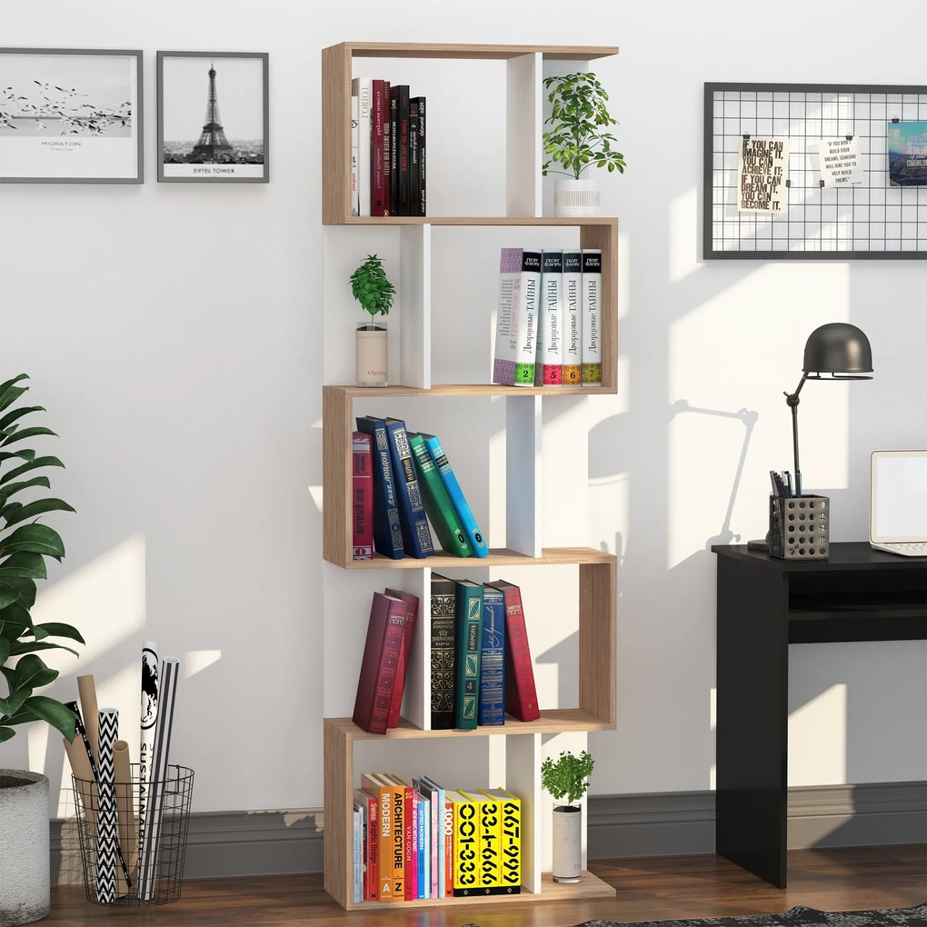 HOMCOM Bibliotecă de Perete Modernă cu 5 Rafturi, Design Vertical din Lemn, 60x24x184.5 cm, Alb | Aosom România