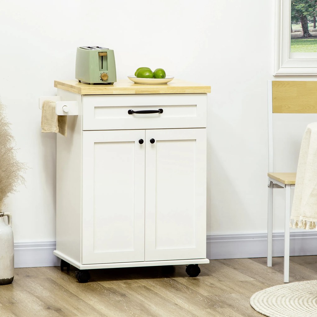 HOMCOM Căruț de bucătărie pe roți cu multiple depozitări 1 sertar 1 dulap 1 suport pentru prosoape alb cu blat din lemn | Aosom Romania