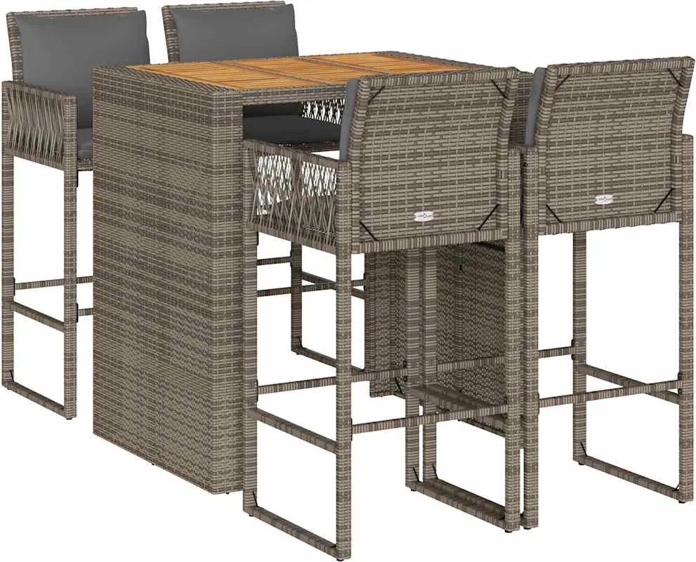 vidaXL Set mobilier bar de grădină, cu perne, 5 piese, gri, poliratan