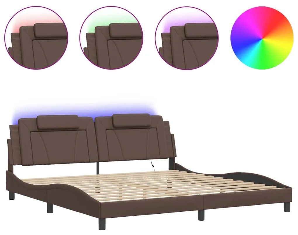 3214045 vidaXL Cadru de pat cu lumini LED, maro, 200x200 cm, piele ecologică