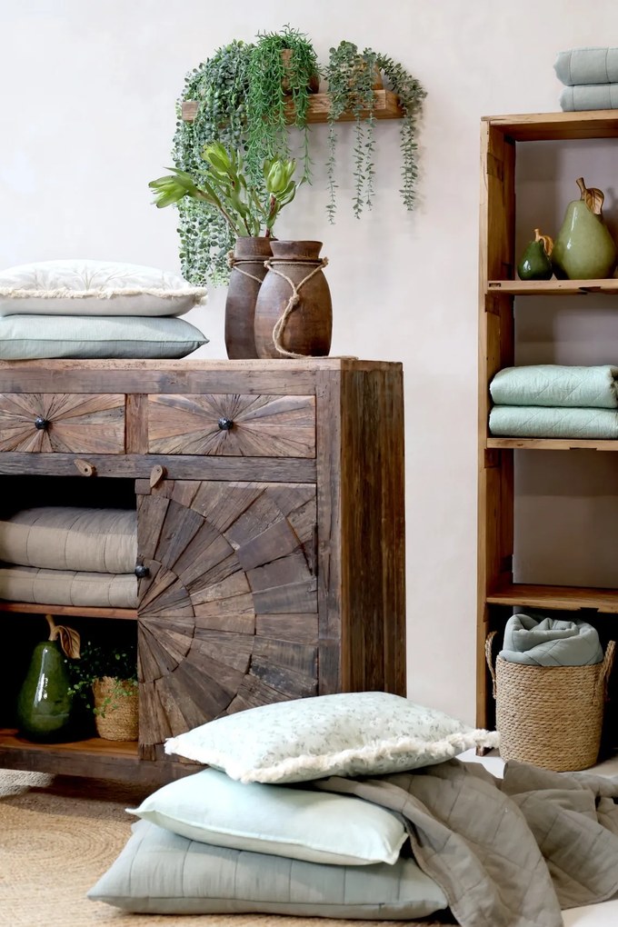Bufet rustic din lemn vechi reciclat, 2 uși cu decor solar sculptat, 2 sertare, 90 cm, „Grimaud"