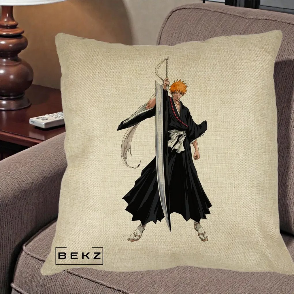 Perna Personalizata Bleach Ichigo Kurosaki Zangetsu, 40x40 cm, Crem, Husa Detasabila, Perna Inclusa, BEKZ®