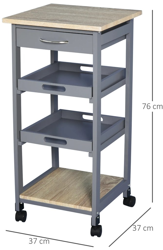 HOMCOM Carucior Bucatarie Sertar 2 Tavi Glisante Blat Fix Lemn Pin MDF 37x37x76cm Gri Stejar | Aosom Romania