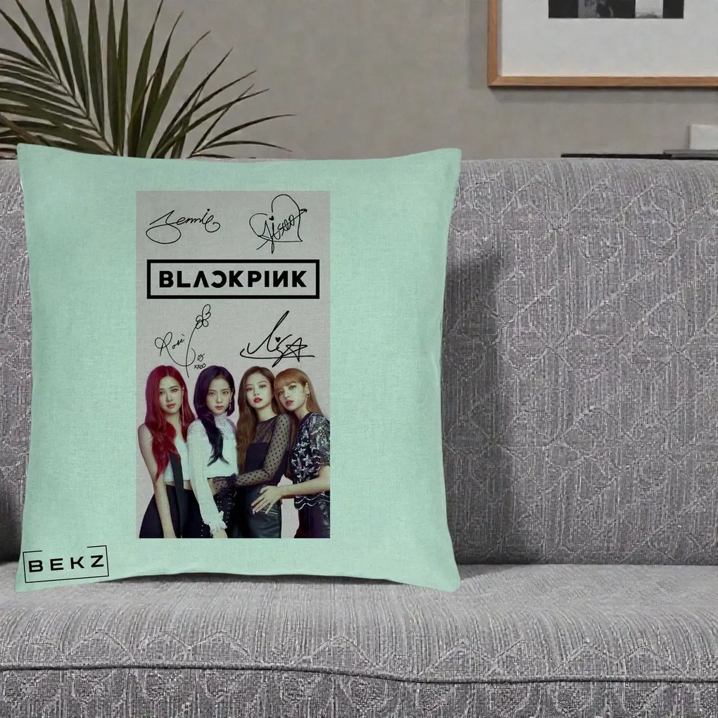Perna Personalizata K-pop BLACKPINK Semnaturi si Foto, 40x40 cm, Verde Menta, Husa Detasabila, Perna Inclusa, BEKZ®