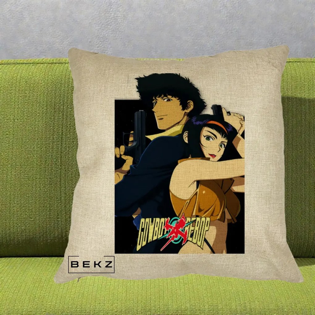 Perna Personalizata Cowboy Bebop Spike si Faye Poster, 40x40 cm, Crem, Husa Detasabila, Perna Inclusa, BEKZ®