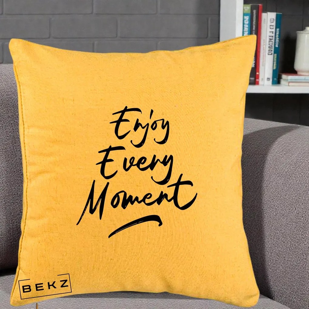Perna Decorativa Enjoy Every Moment, 40x40 cm, Galben, Husa Detasabila, Perna Inclusa, BEKZ®