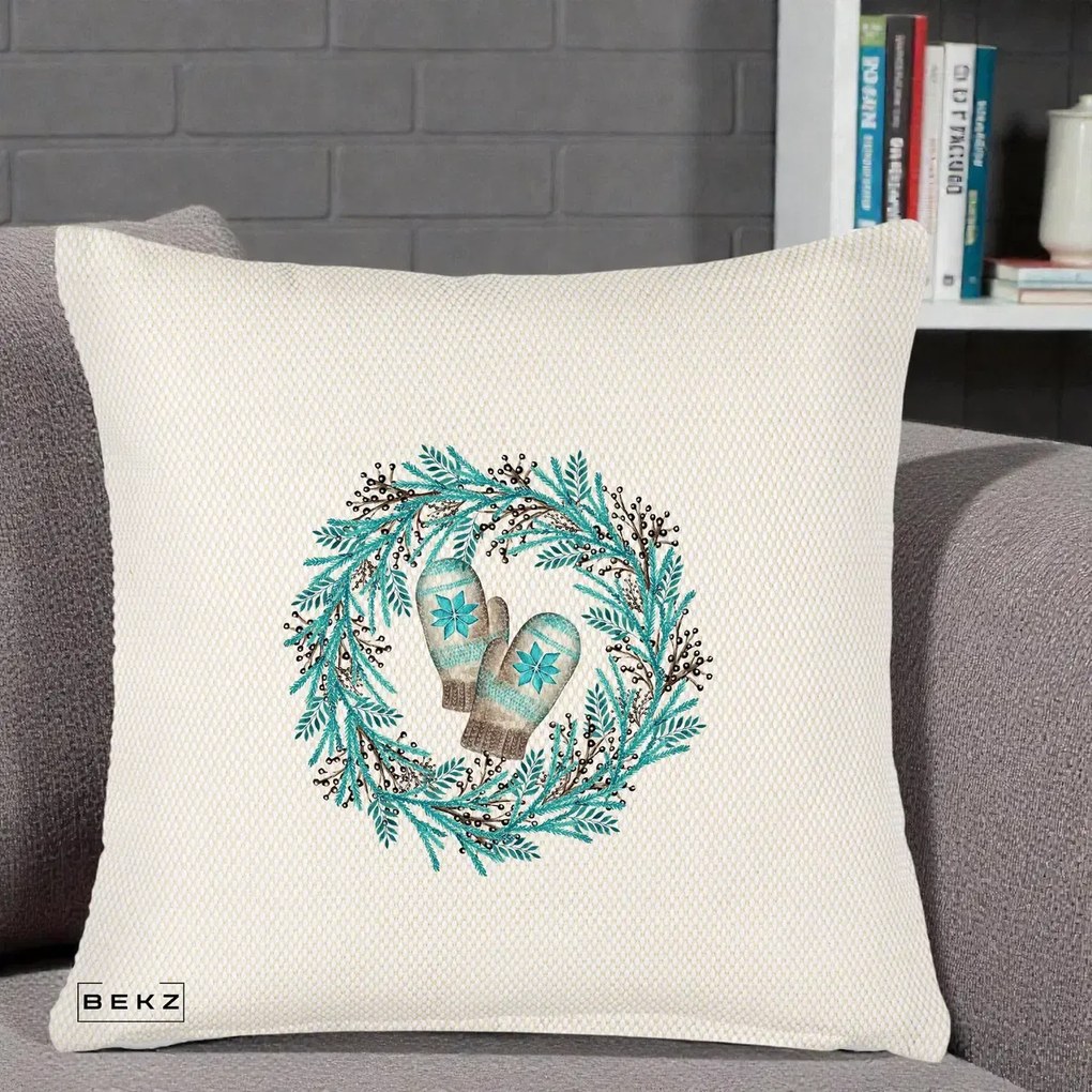 Perna Decorativa Coroana Turcoaz cu Manusi, 40x40 cm, Crem Reliefat, Husa Detasabila, Perna Inclusa, BEKZ®