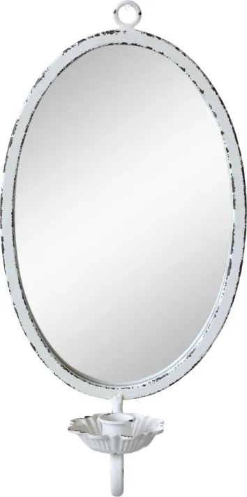 Oglindă cu suport pentru lumânare, din metal și sticlă, crem antichizat, H 38 cm