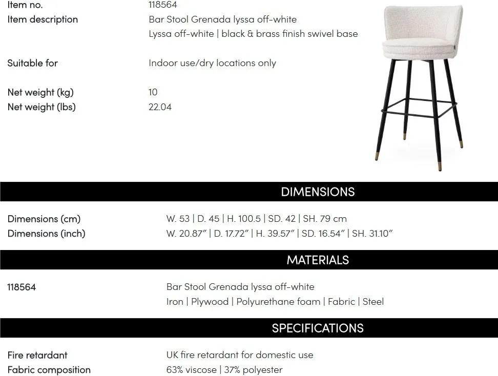 Scaun de bar pivotant design LUX Grenada, Lyssa off-white