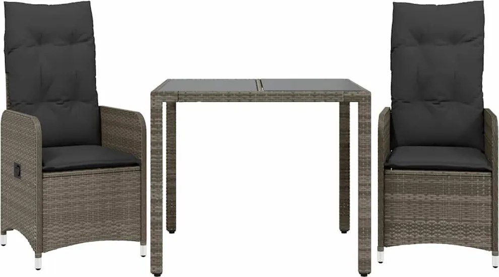 vidaXL Set bistro de grădină cu perne, 3 piese, gri, poliratan