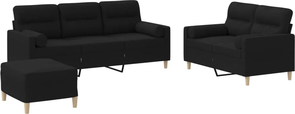 vidaXL Set de canapele cu perne, 3 piese, negru, textil