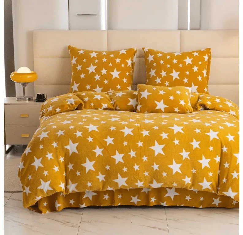 Set Lenjerie cocolino STARS galben-portocaliu + cearsaf Cocolino microplus SOFT 180x200 cm alb, pat dublu