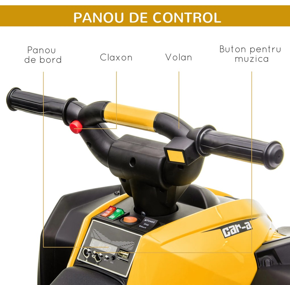 HOMCOM ATV Electric Copii Galben 3-5 ani cu muzica faruri LED cauciucuri late claxon masina | Aosom Romania