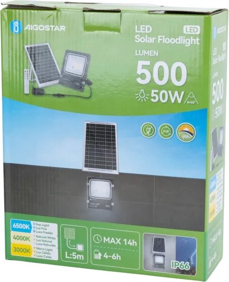 Aigostar - Proiector solar LED dimabil LED/50W/3,2V 3000K/4000K/6500K IP66 + telecomandă