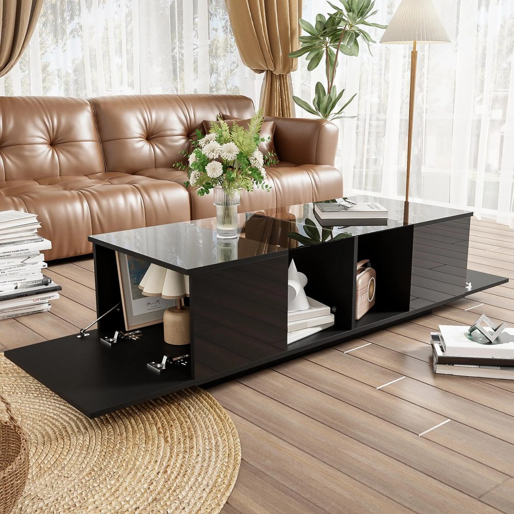 Masă de cafea cu iluminare LED, blat de masă lucios, spațiu de depozitare generos, 120x50x38,5 cm, Negru