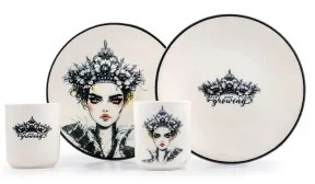 Set veselă din porțelan, 4 piese, negru/alb