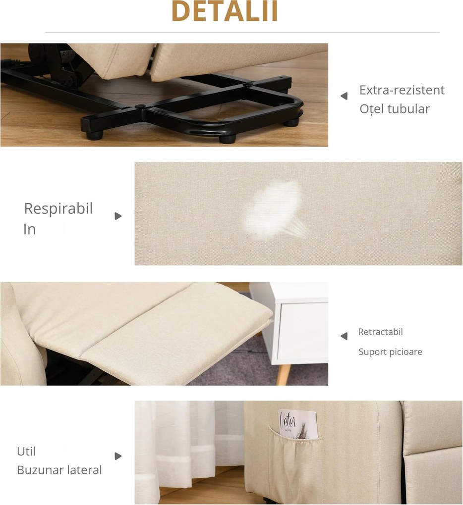 HOMCOM Fotoliu Rabatabil Masaj si Mecanism de Ridicare Telecomanda Alb Crem | Aosom Romania