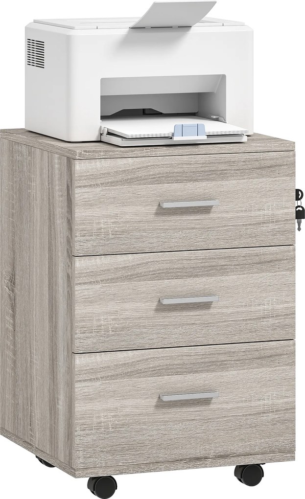 Vinsetto Comodă de birou cu 3 sertare Roți Încuietoare 2 Chei Arhivator Mobil pentru Studiu Living 40x40x61,5 cm Gri | Aosom Romania