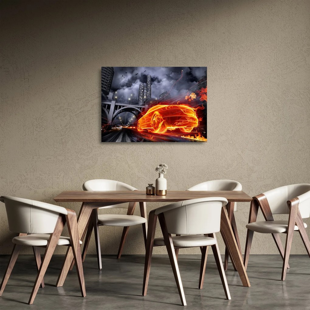 Tablou pe sticlă cu mașina în flăcărată (70x50 cm)