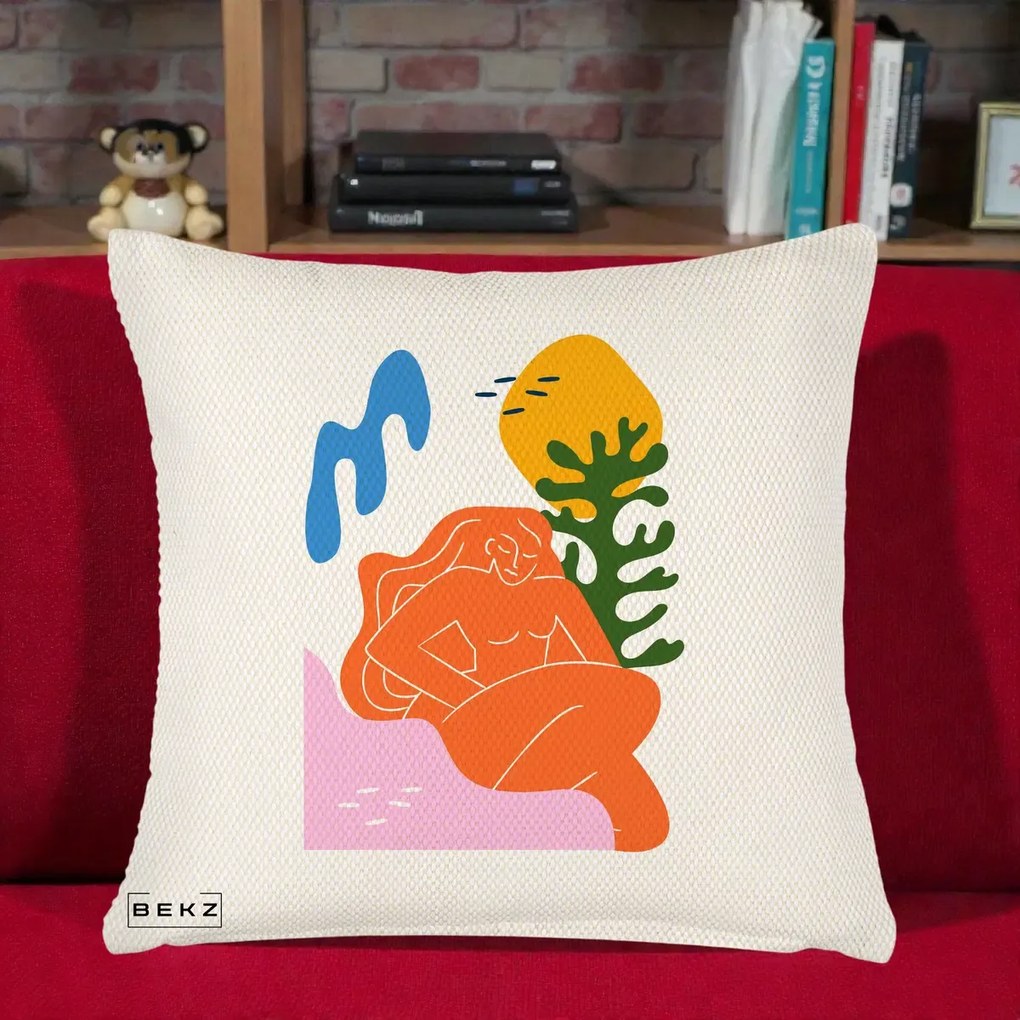 Perna Decorativa Femeie Portocalie Relaxata, 40x40 cm, Crem Reliefat, Husa Detasabila, Perna Inclusa, BEKZ®