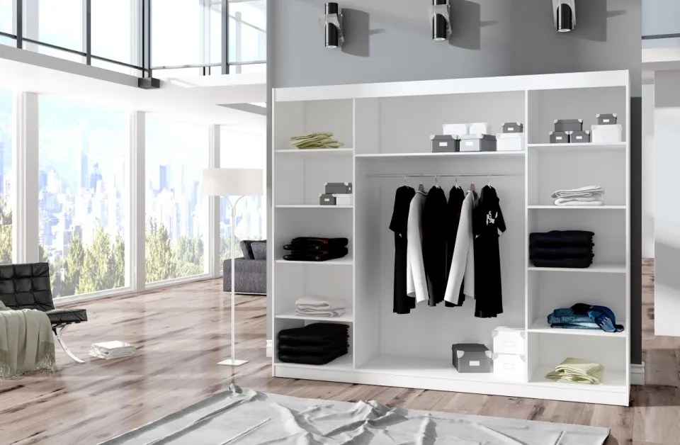 Dulap cu usi glisante si oglinda + iluminare LED, Salto 250 + LED, 250 cmx215cmx58 cm, ADRK Furniture (Culoare: Alb)