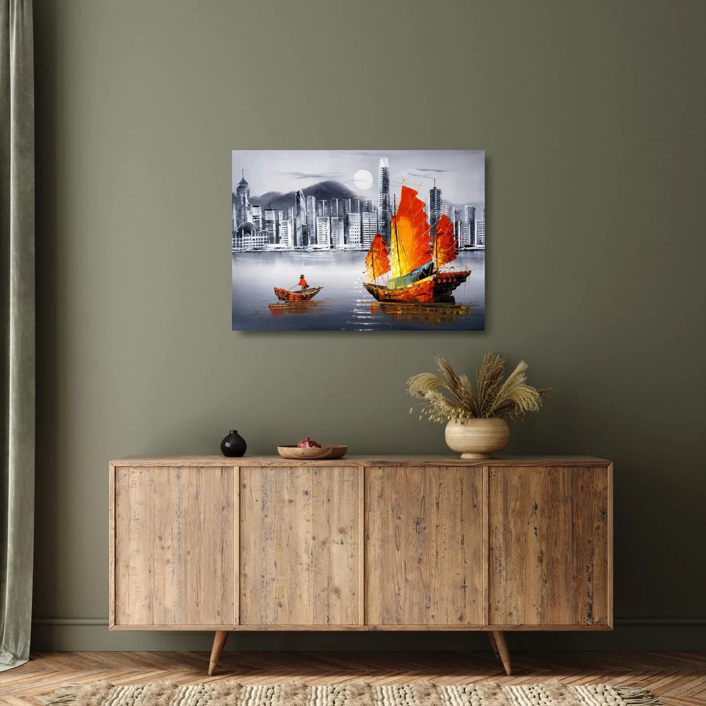 Tablou pe sticlă - Victoria Harbour, Hong Kong, pictură în ulei alb- negru (70x50 cm)