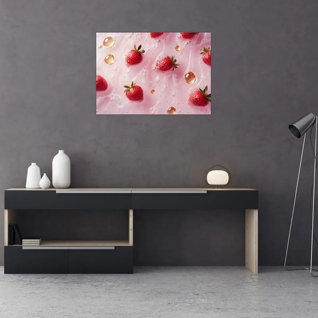 Tablou pe sticlă - Căpșuni în bule (70x50 cm)