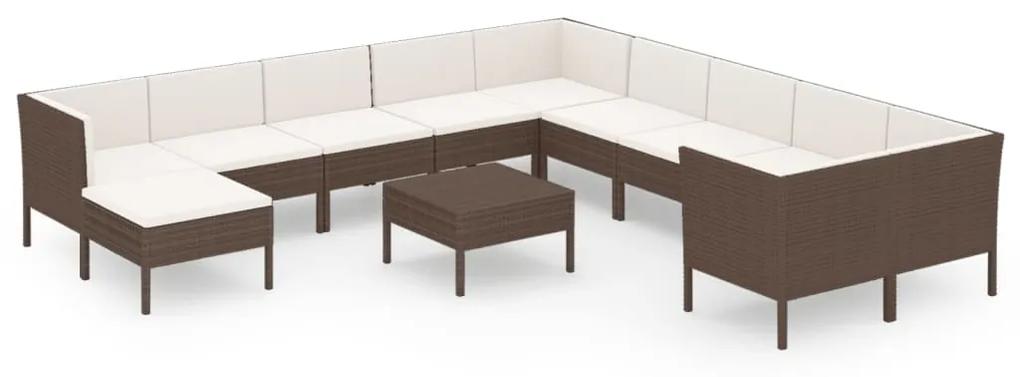 Set mobilier de gradina cu perne, 12 piese, maro, poliratan 6x mijloc + 4x colt + suport pentru picioare + masa, 1
