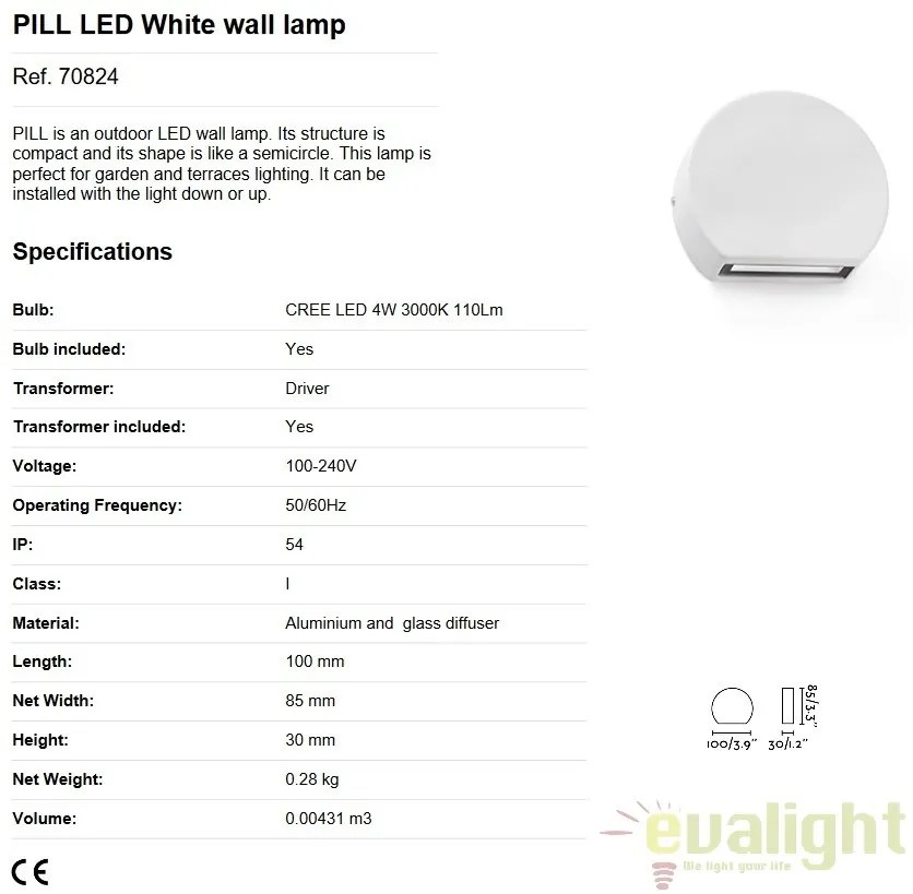 Aplica perete LED de exterior stil modern IP54 PILL alba 70824