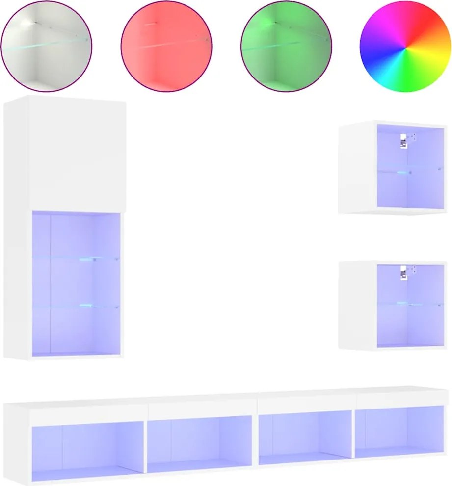 vidaXL Unități de perete TV cu LED-uri, 5 piese, alb, lemn prelucrat