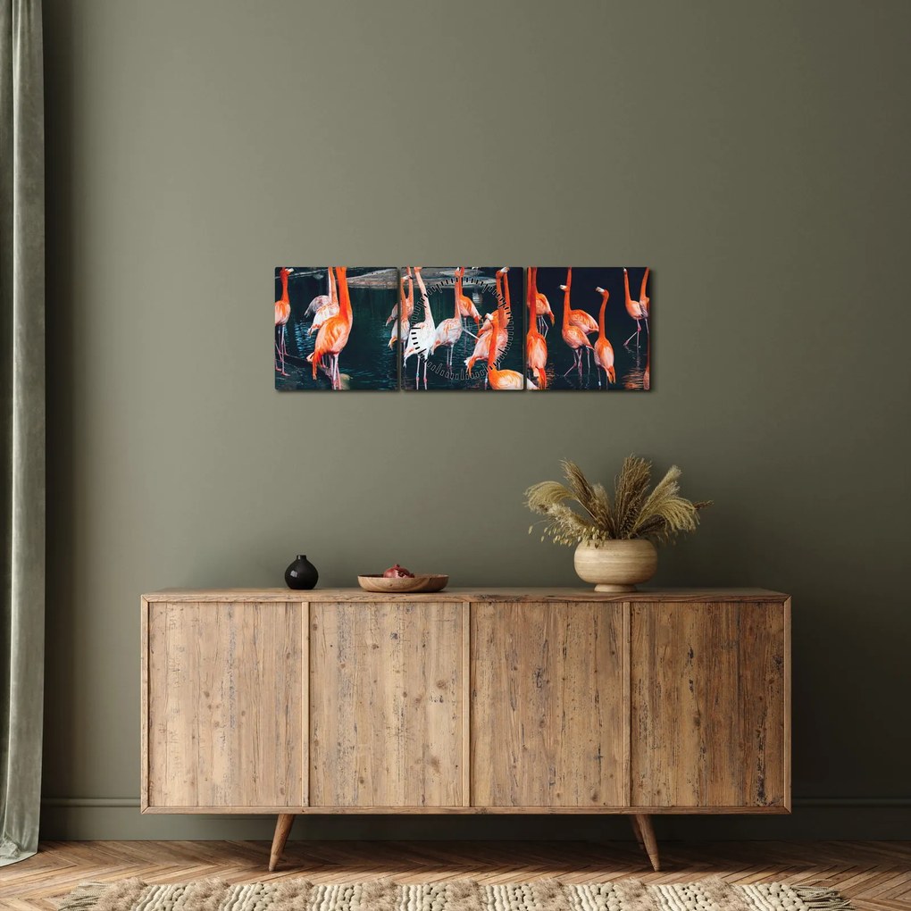 Tablou - turmă de flamingo (cu ceas) (90x30 cm)
