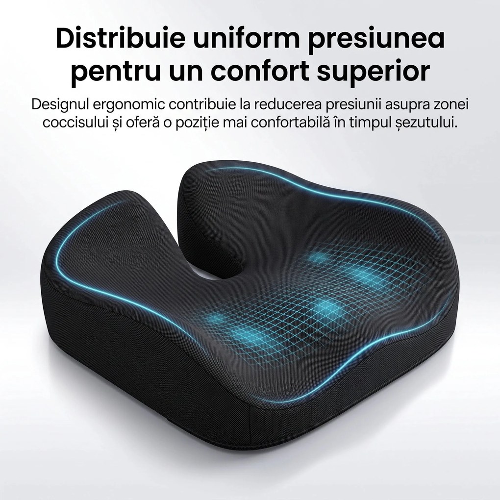 Perna ortopedica sezut memory foam ORTO COCCIS Plus, husa mesh 3D, Negru