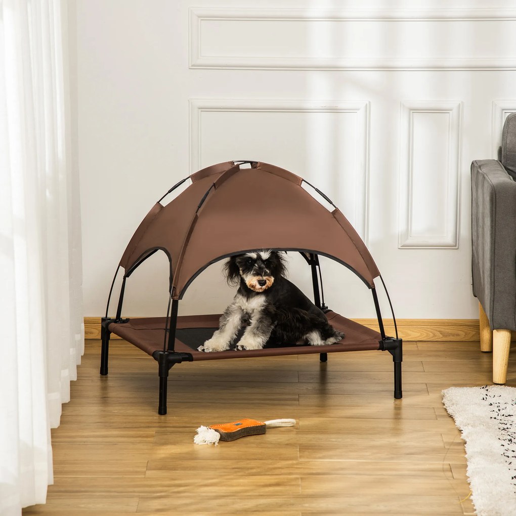 PawHut Pat înălțat pentru câini cu baldachin, pat pentru animale de companie, pat pentru câini de exterior cu acoperiș, respirabil, material textil pentru camping Cafea 76 x 61 x 73 cm | Aosom Romania