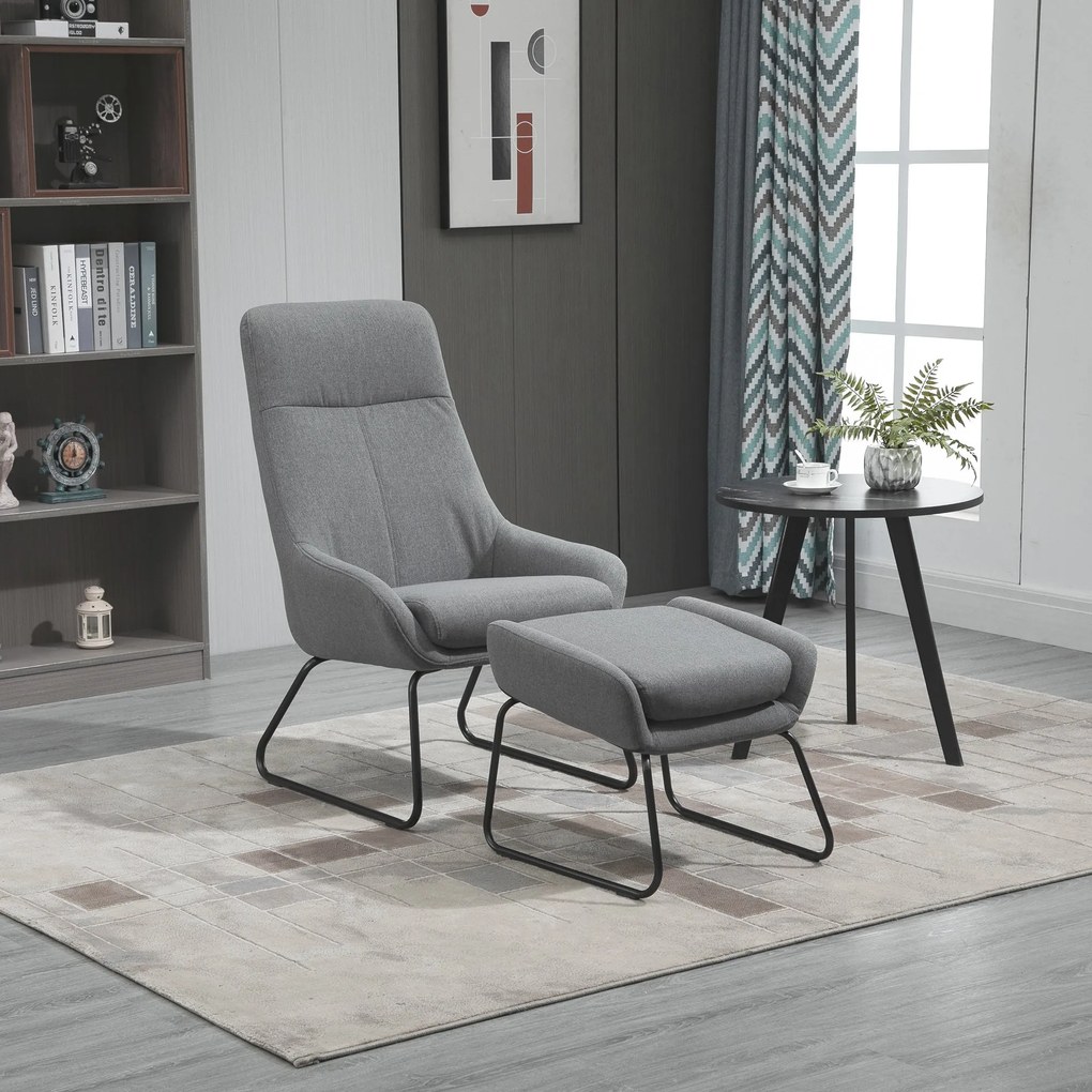 HOMCOM Set Fotoliu cu Pouf pentru picioare, Capitonate, Mobilier Casa si Birou, din Metal si Tesatura, Gri