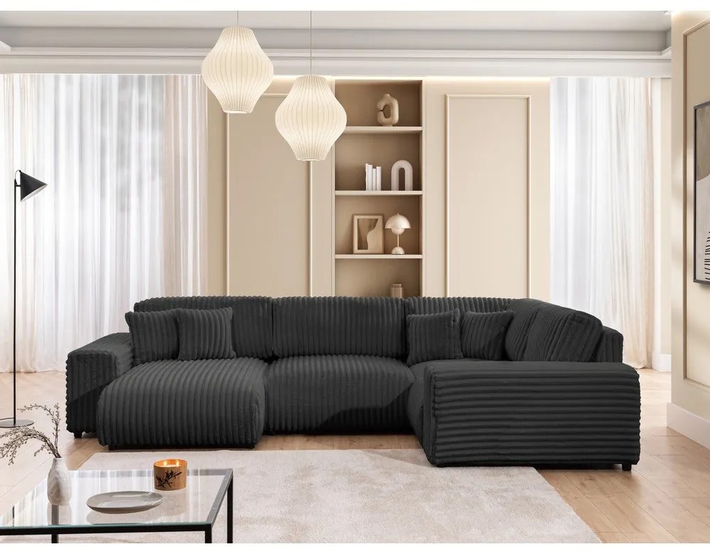 Colțar gri închis cu tapițerie din catifea reiată (cu colț pe partea dreaptă/în formă de "U") Justin – Ropez