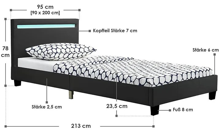 Čalúnená posteľ Verona 90 x 200 cm s LED osvetlením v čiernej farbe