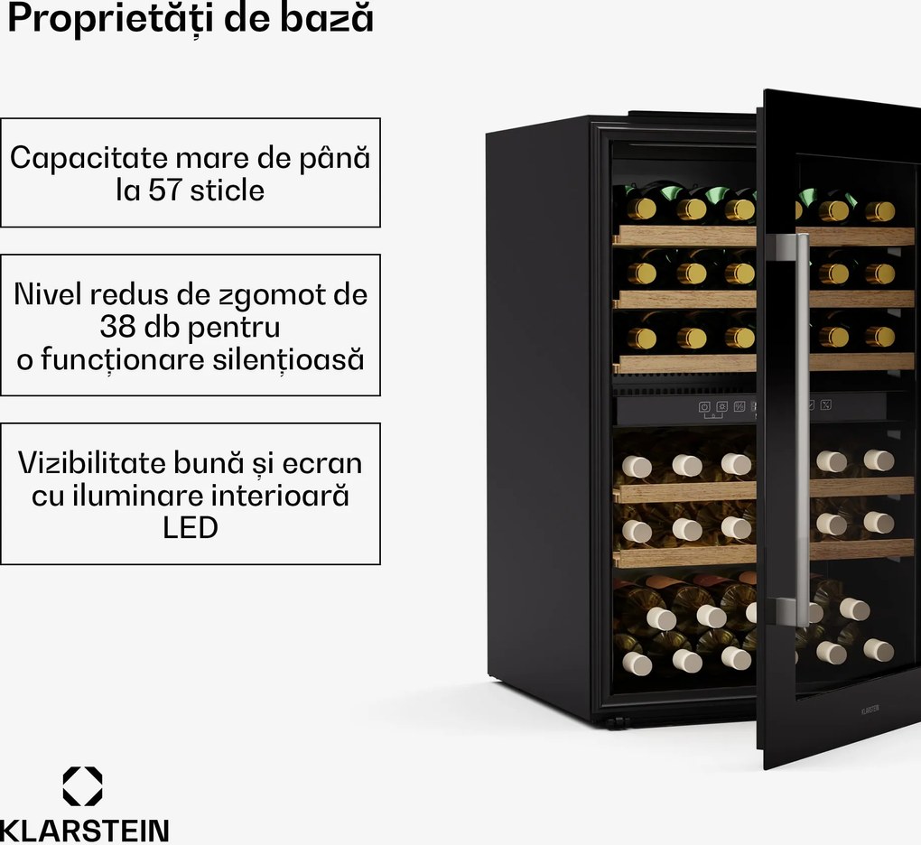 Klarstein Frigider pentru vinuri Vinsider 57 Duo, 2 zone de răcire, 57 sticle, aparat încorporat