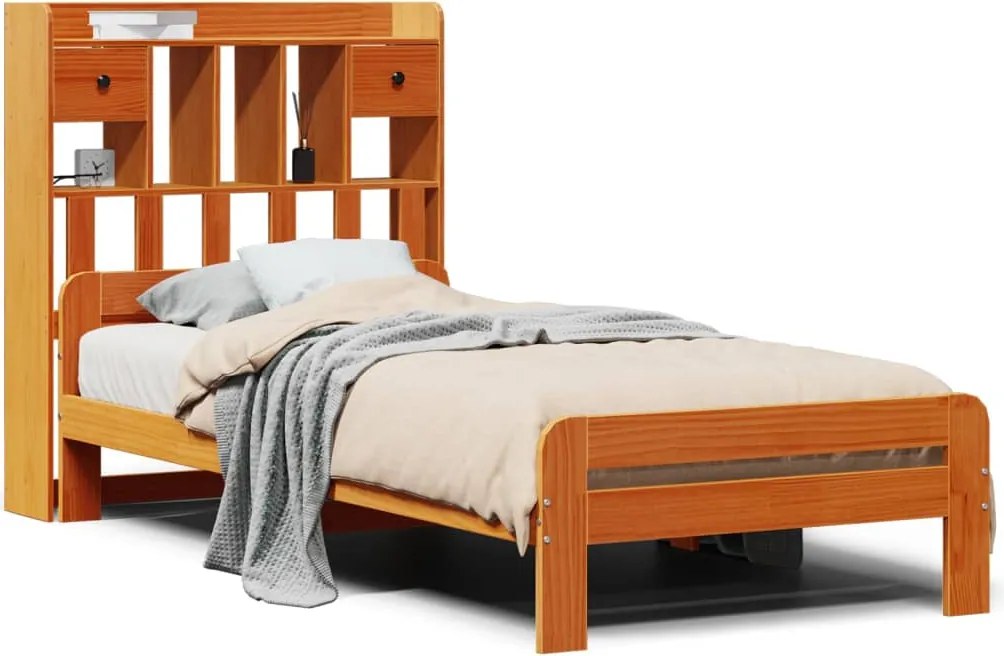 vidaXL Pat bibliotecă fără saltea maro ceruit 75x190 cm lemn masiv pin