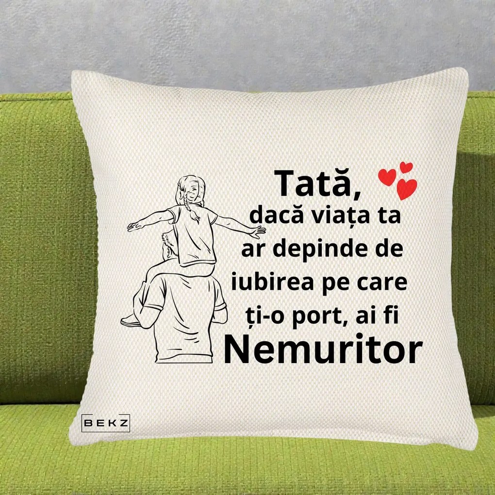 Cadou pentru Tata - Perna Personalizata Tata Supererou Nemuritor, 40x40 cm, Crem Reliefat, Husa Detasabila, Perna Inclusa, BEKZ®