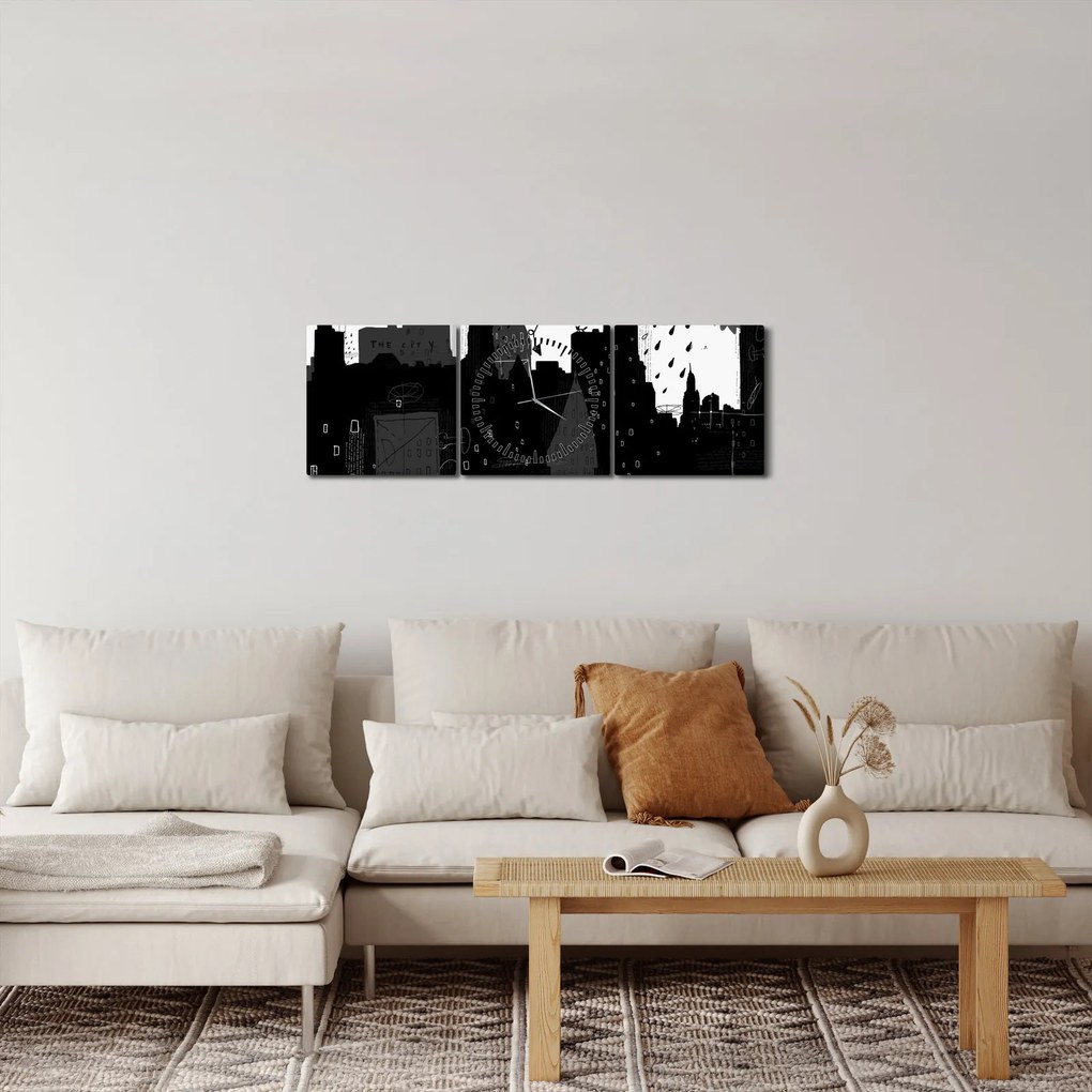 Tablou - Oraș cu inscripții și modele (cu ceas) (90x30 cm)