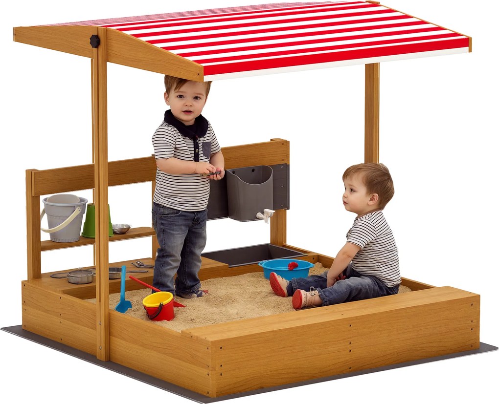 Outsunny Nisipar din lemn pentru copii cu copertină reglabilă și jucării de bucătărie Juego para Niños 3-7 Años 114x110x110 cm Maro | Aosom Romania