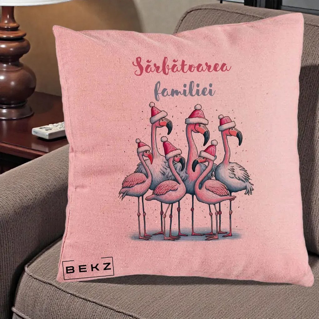 Perna Decorativa Flamingo Craciun Sarbatoarea Familiei, 40x40 cm, Roz, Husa Detasabila, Perna Inclusa, BEKZ®