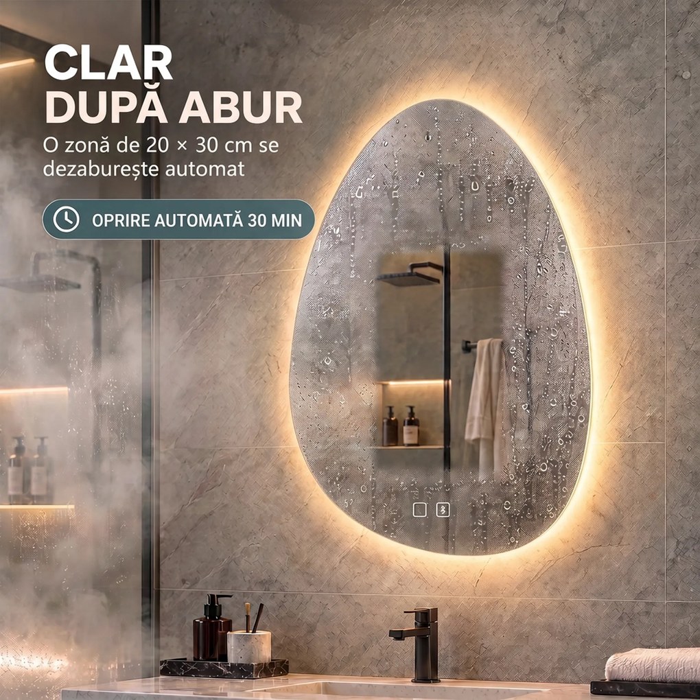 HOMCOM Oglindă de baie cu LED, 3 culori, 50x70 cm, neregulată, Bluetooth, anti-aburire, touch | Aosom Romania