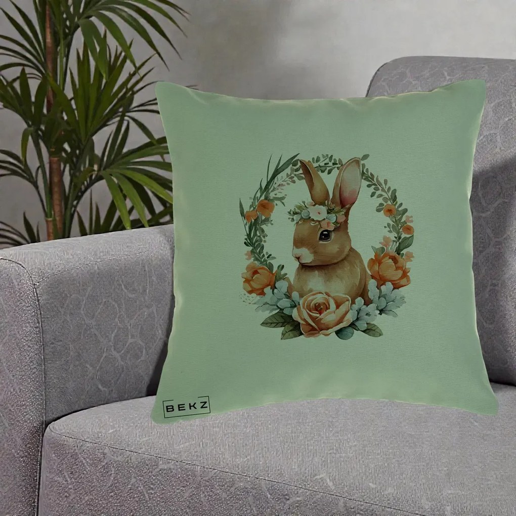 Perna Decorativa Iepuras Floral Coronita Acuarela, 40x40 cm, Verde, Husa Detasabila, Perna Inclusa, BEKZ®