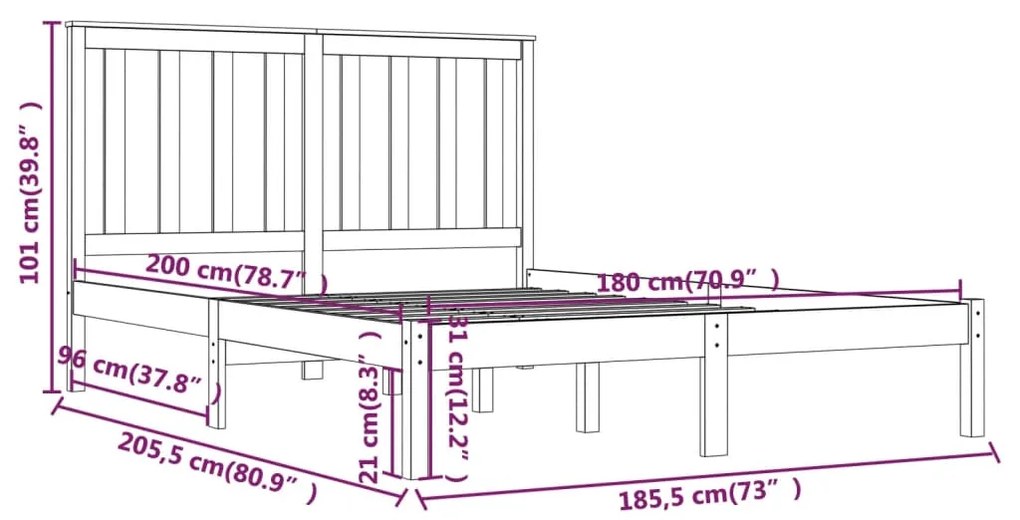 Cadru de pat Super King 6FT, alb, 180x200 cm, lemn masiv de pin Alb, 180 x 200 cm