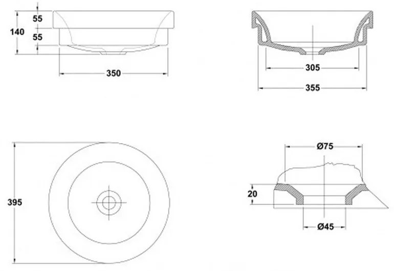 Lavoar pe blat alb 40 cm, rotund, Gala Circle