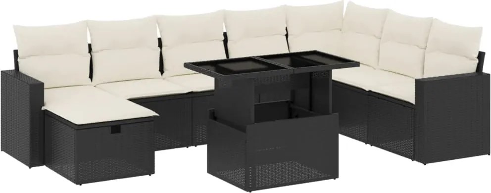 vidaXL Set mobilier de grădină cu perne, 9 piese, negru, poliratan